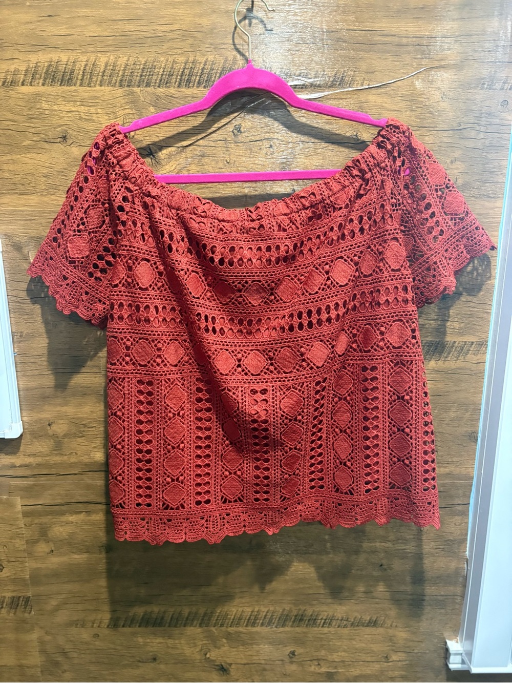 Sunday in Brooklyn Anthro Evie Off Shoulder Crochet Lace Dark Rust Top - Picture 9 of 10